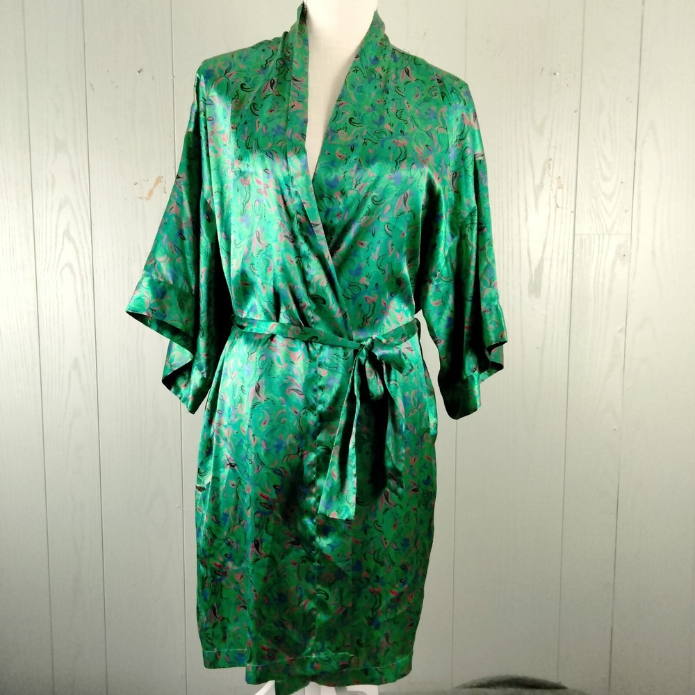 VINTAGE Cacique‎ Satin Robe Small Green Sash Tie Pockets Kimono Sleeve 80s Lux
